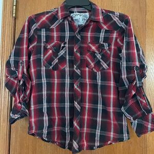 Ladies Size S Black, Red, And White Chalc Button Up Long Sleeve Shirt